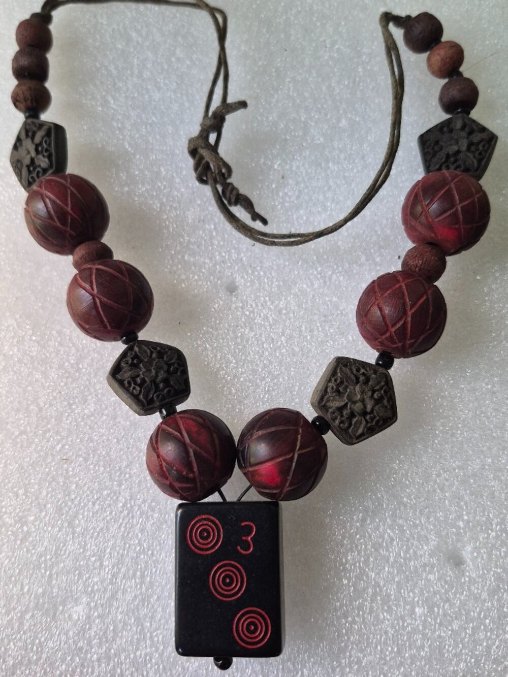 One-of-a-kind Necklace carved Brown and Red Cinnabar beads with Mahjong 3 Tile - Picture 6 of 8